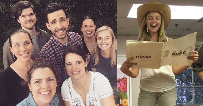 Principle staff (Left) clockwise from top: Jackson Mahlke, Drake Preston, Ina Riley, Carter Tindall, Elizabeth Kelley, Erin O' Connor and Allyson Lack. Right: Carter participates in a very theatrical voice of type exercise in her first quarter at Portfolio Center.